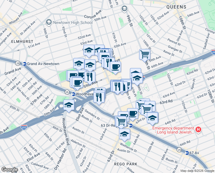 map of restaurants, bars, coffee shops, grocery stores, and more near 163 Horace Harding Expressway in Queens