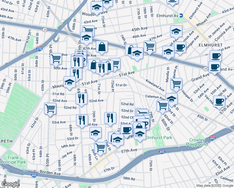 map of restaurants, bars, coffee shops, grocery stores, and more near 51-68 72nd Place in Queens