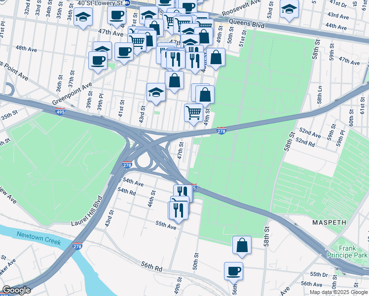 map of restaurants, bars, coffee shops, grocery stores, and more near 51-41 48th Street in Queens