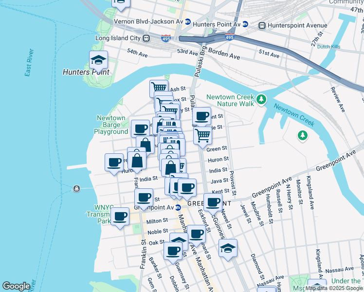 map of restaurants, bars, coffee shops, grocery stores, and more near 1024 Manhattan Avenue in Brooklyn