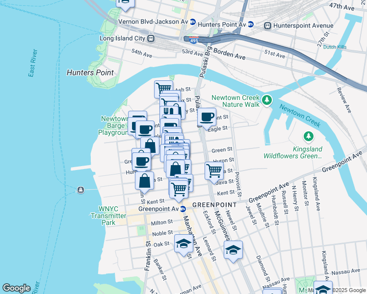 map of restaurants, bars, coffee shops, grocery stores, and more near 1024 Manhattan Avenue in Brooklyn