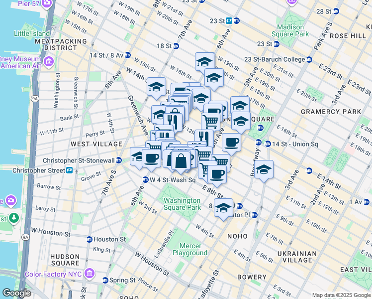 map of restaurants, bars, coffee shops, grocery stores, and more near 19 West 10th Street in New York