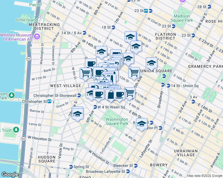 map of restaurants, bars, coffee shops, grocery stores, and more near 53 West 9th Street in New York
