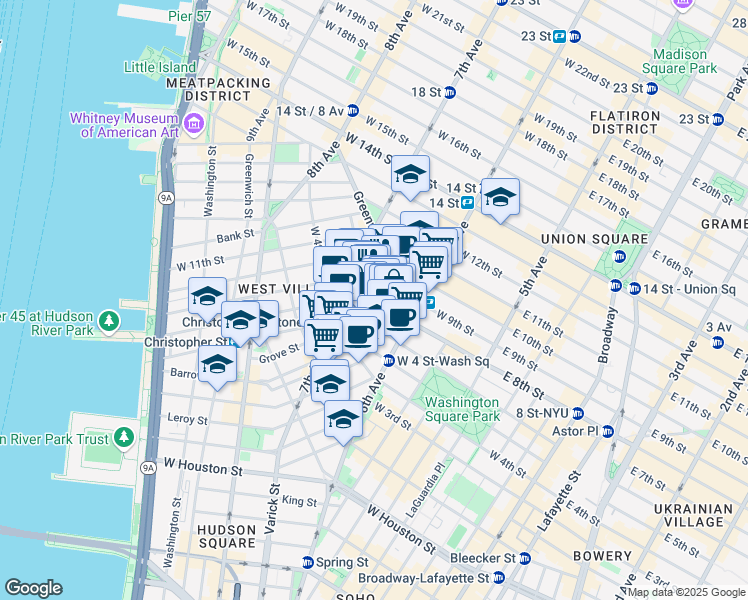 map of restaurants, bars, coffee shops, grocery stores, and more near in New York