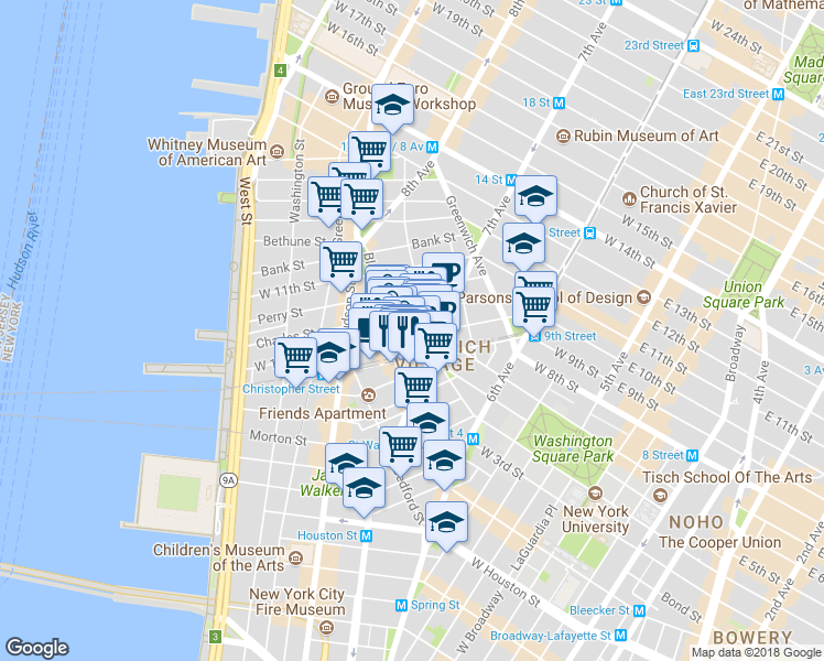 map of restaurants, bars, coffee shops, grocery stores, and more near 341 Bleecker Street in New York