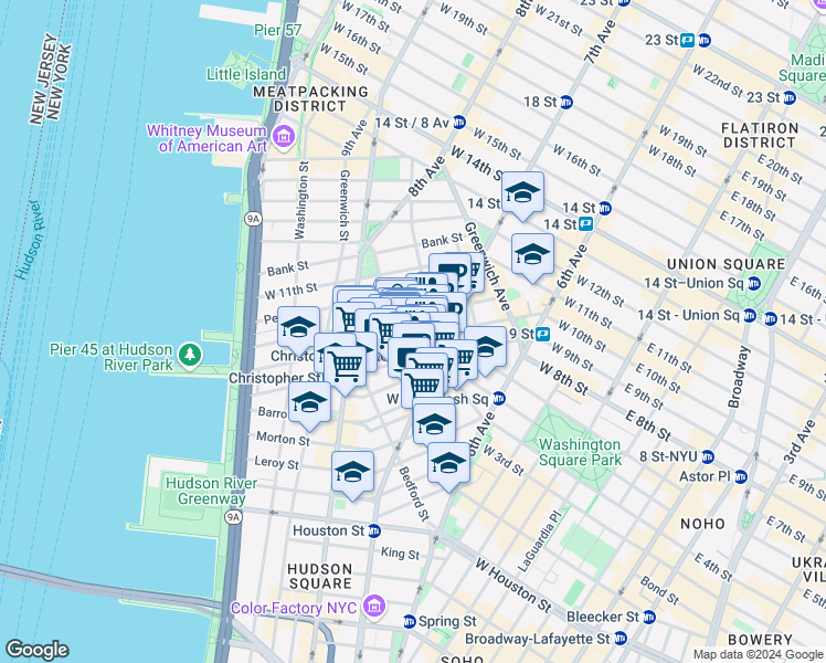 map of restaurants, bars, coffee shops, grocery stores, and more near 341 Bleecker Street in New York