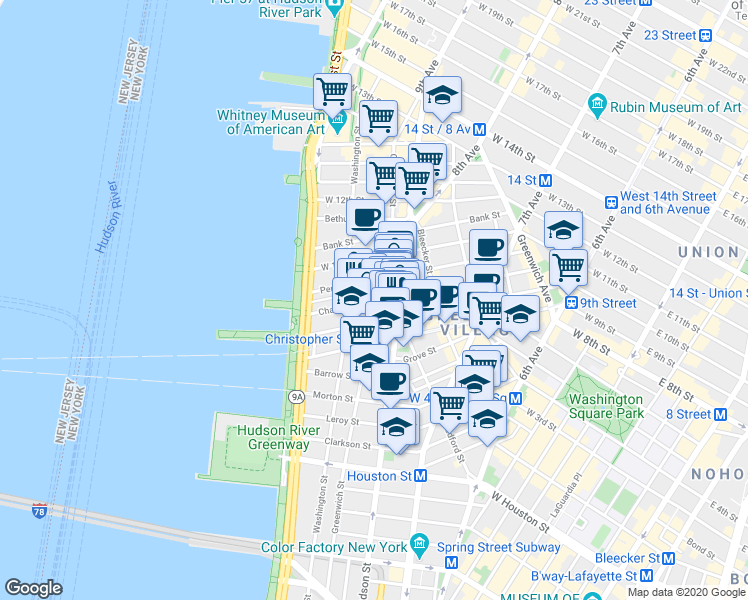 map of restaurants, bars, coffee shops, grocery stores, and more near in New York