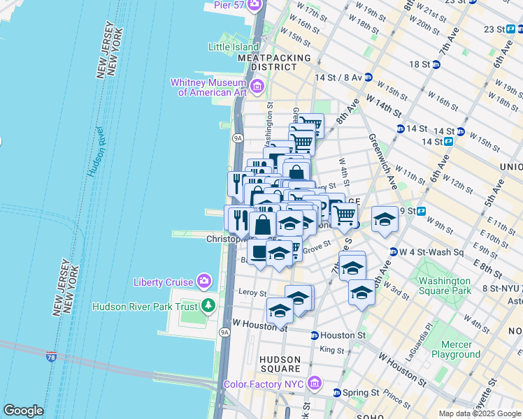 map of restaurants, bars, coffee shops, grocery stores, and more near 693 Washington Street in New York