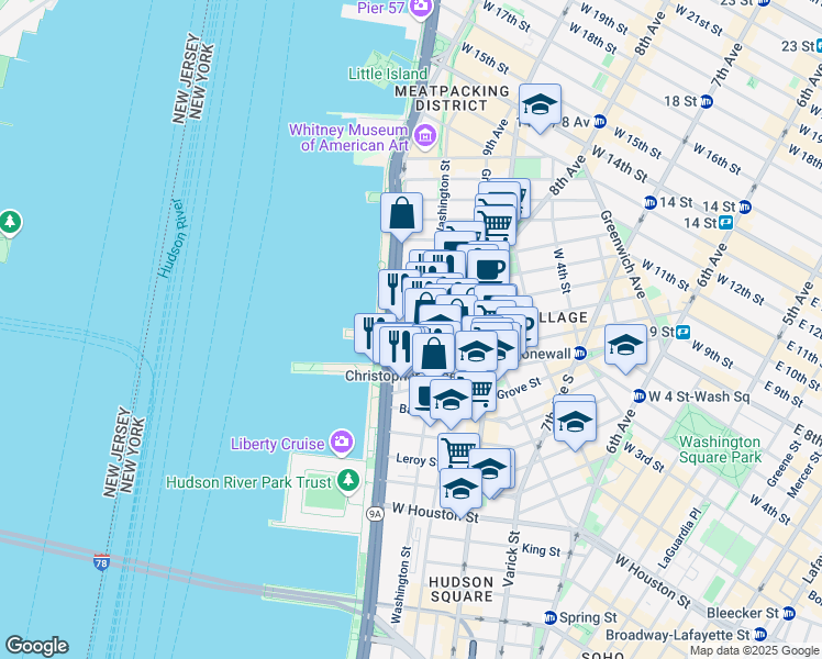 map of restaurants, bars, coffee shops, grocery stores, and more near 410 West Street in New York