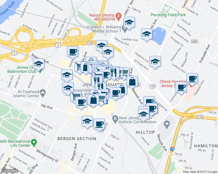 map of restaurants, bars, coffee shops, grocery stores, and more near 74 Cottage Street in Jersey City