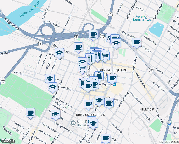 map of restaurants, bars, coffee shops, grocery stores, and more near 92 Tonnelle Avenue in Jersey City