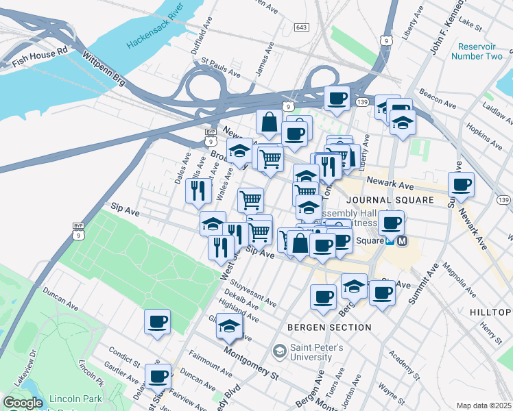 map of restaurants, bars, coffee shops, grocery stores, and more near 1015 County Road 641 in Jersey City