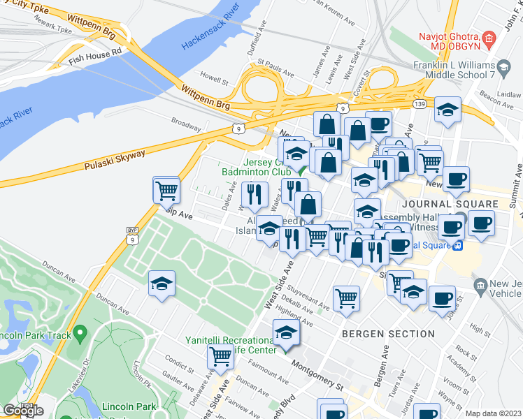 map of restaurants, bars, coffee shops, grocery stores, and more near 9 Wales Avenue in Jersey City