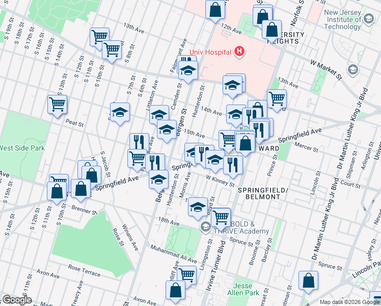 map of restaurants, bars, coffee shops, grocery stores, and more near 326 Springfield Avenue in Newark