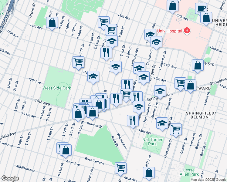 map of restaurants, bars, coffee shops, grocery stores, and more near 394 South 6th Street in Newark
