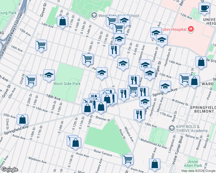 map of restaurants, bars, coffee shops, grocery stores, and more near 51 Holland Street in Newark