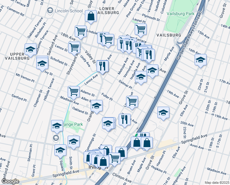 map of restaurants, bars, coffee shops, grocery stores, and more near 320 Vermont Avenue in Irvington