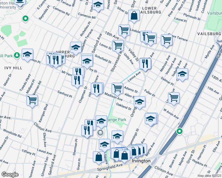 map of restaurants, bars, coffee shops, grocery stores, and more near 290 Madison Avenue in Irvington
