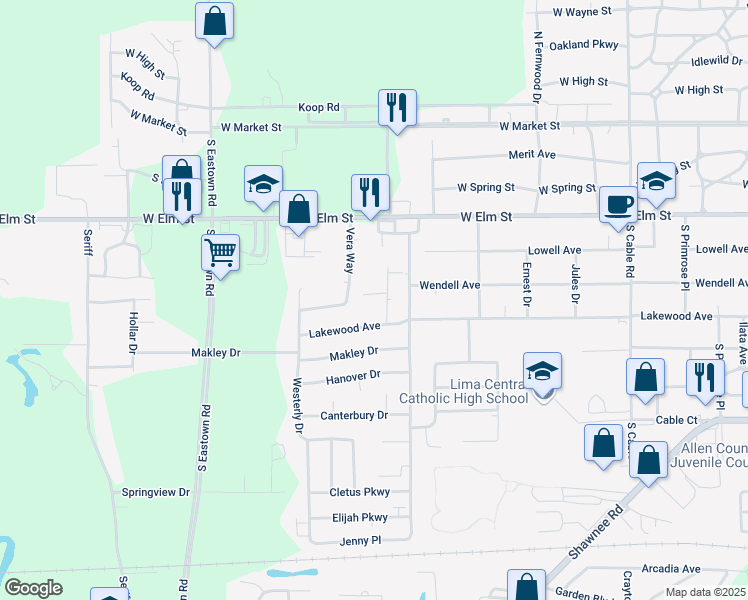 map of restaurants, bars, coffee shops, grocery stores, and more near 614 Shock Ave in Lima