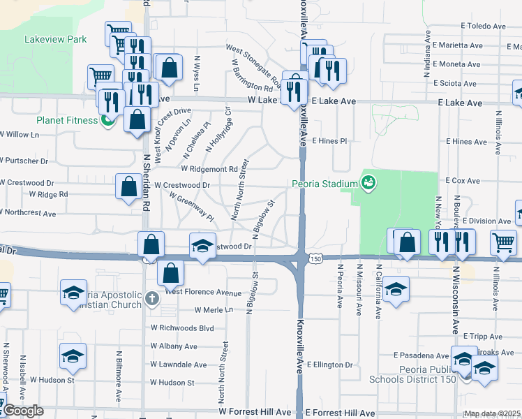map of restaurants, bars, coffee shops, grocery stores, and more near 309 West Terrace Lane in Peoria
