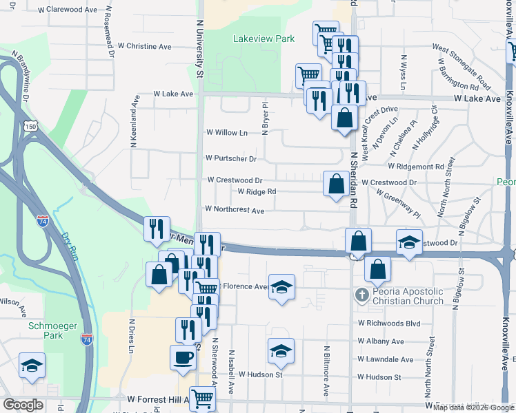 map of restaurants, bars, coffee shops, grocery stores, and more near 1004 West Northcrest Avenue in Peoria