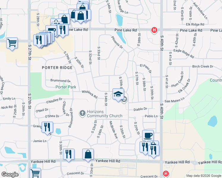 map of restaurants, bars, coffee shops, grocery stores, and more near 3410 Scottsdale Lane in Lincoln