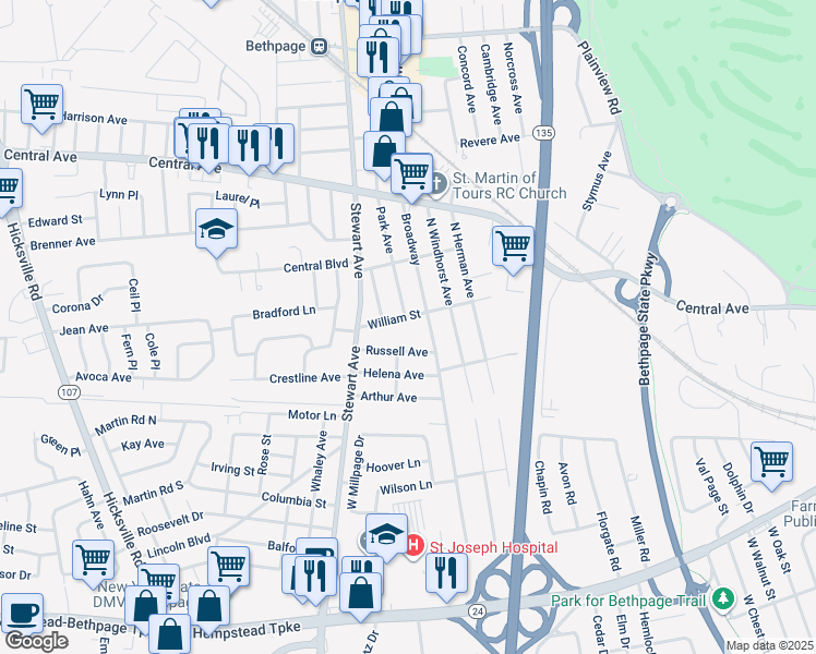 map of restaurants, bars, coffee shops, grocery stores, and more near 26 William Street in Bethpage