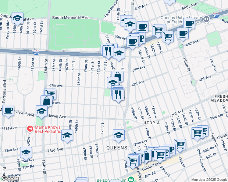 map of restaurants, bars, coffee shops, grocery stores, and more near 67-10 Fresh Meadow Lane in Queens