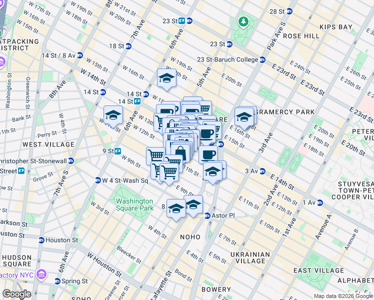 map of restaurants, bars, coffee shops, grocery stores, and more near 21 East 12th Street in New York