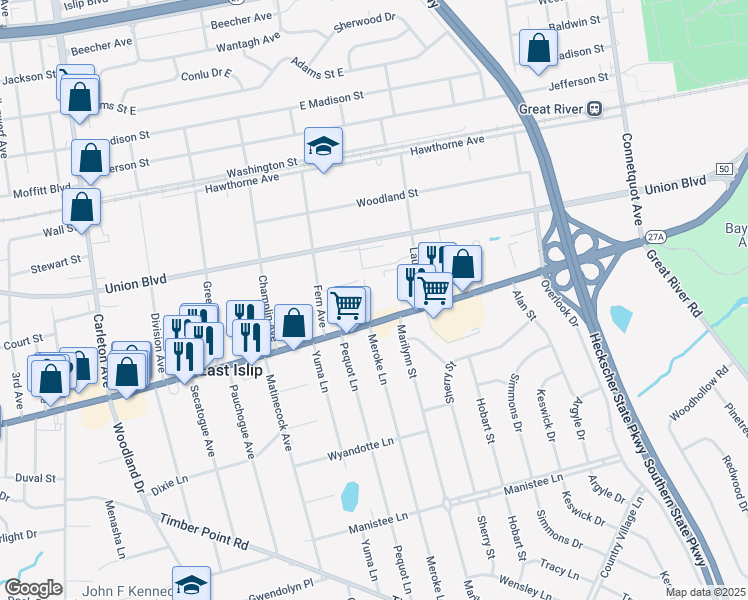 map of restaurants, bars, coffee shops, grocery stores, and more near 265 East Main Street in East Islip