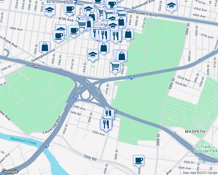 map of restaurants, bars, coffee shops, grocery stores, and more near 51-29 46th Street in Queens