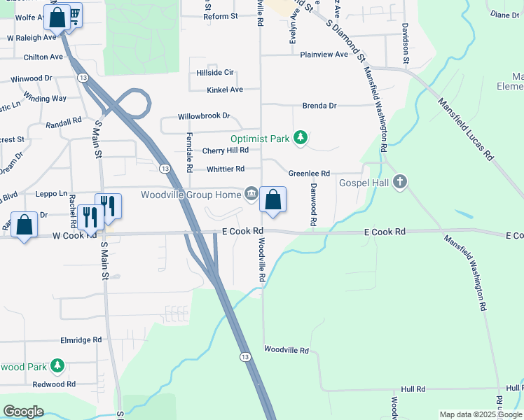 map of restaurants, bars, coffee shops, grocery stores, and more near 875 Woodville Road in Mansfield