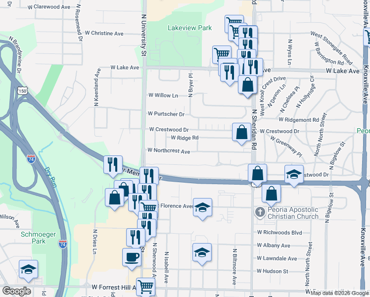 map of restaurants, bars, coffee shops, grocery stores, and more near 1004 West Northcrest Avenue in Peoria