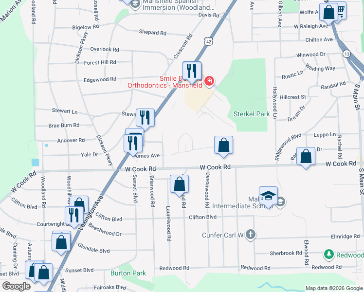 map of restaurants, bars, coffee shops, grocery stores, and more near 300 James Avenue in Mansfield