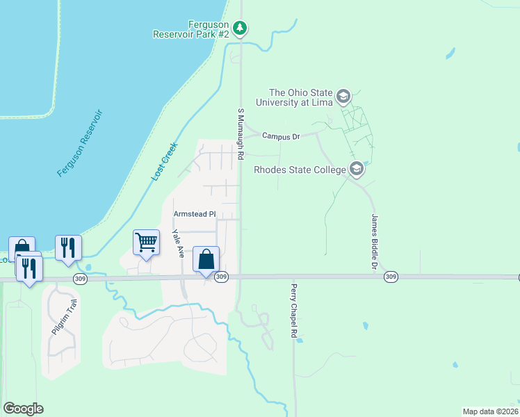 map of restaurants, bars, coffee shops, grocery stores, and more near 485 South Mumaugh Road in Lima