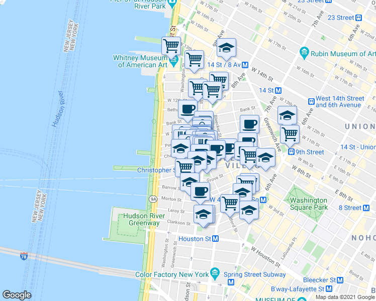 map of restaurants, bars, coffee shops, grocery stores, and more near 131 Charles Street in New York