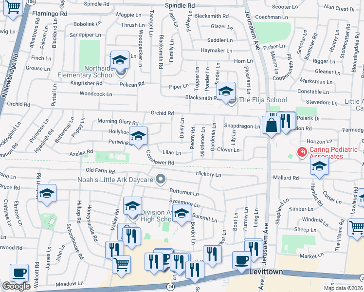 map of restaurants, bars, coffee shops, grocery stores, and more near 14 Peony Road in Levittown