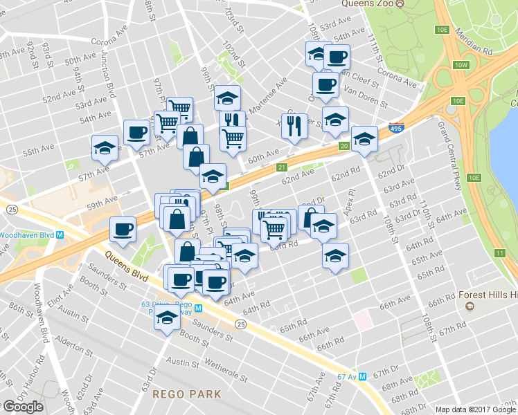 map of restaurants, bars, coffee shops, grocery stores, and more near 99th St & 62nd Rd in Rego Park