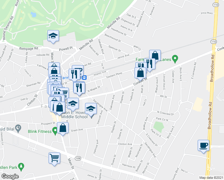 map of restaurants, bars, coffee shops, grocery stores, and more near 689 Conklin Street in Farmingdale