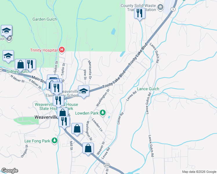 map of restaurants, bars, coffee shops, grocery stores, and more near Washington St in Weaverville