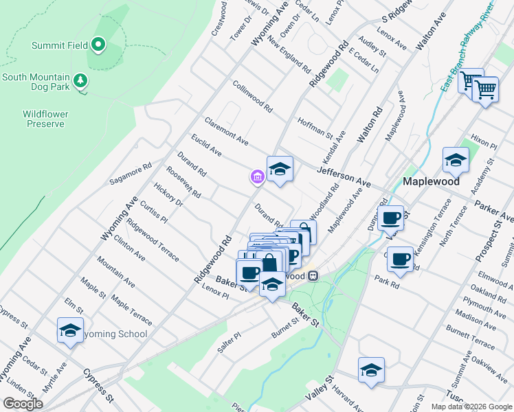 map of restaurants, bars, coffee shops, grocery stores, and more near 48 Durand Road in Maplewood