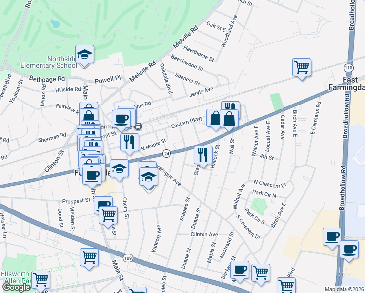 map of restaurants, bars, coffee shops, grocery stores, and more near 689 Conklin Street in Farmingdale