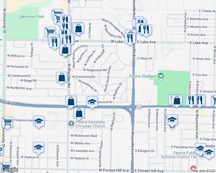 map of restaurants, bars, coffee shops, grocery stores, and more near 322 West Hollyridge Circle in Peoria
