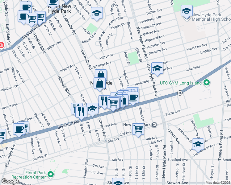 map of restaurants, bars, coffee shops, grocery stores, and more near 111 North 11th Street in New Hyde Park