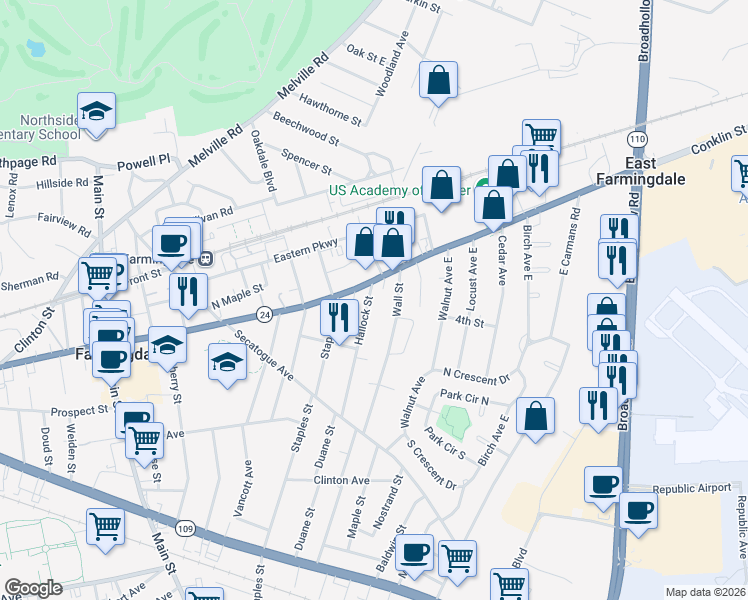 map of restaurants, bars, coffee shops, grocery stores, and more near 51 Wall Street in Farmingdale