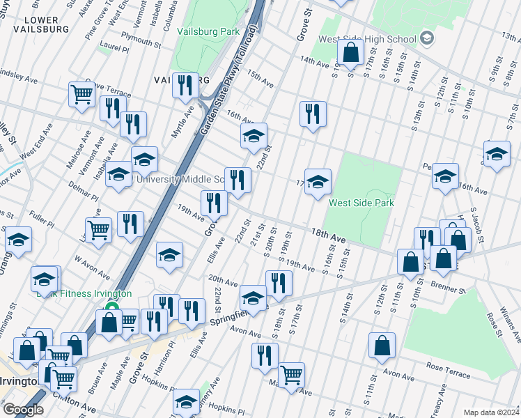 map of restaurants, bars, coffee shops, grocery stores, and more near 649 18th Avenue in Irvington