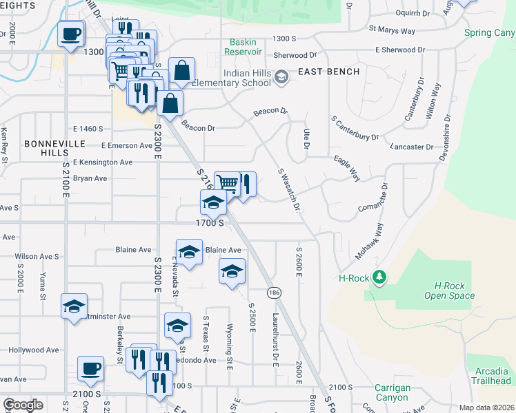 map of restaurants, bars, coffee shops, grocery stores, and more near 2522 Skyline Drive in Salt Lake City