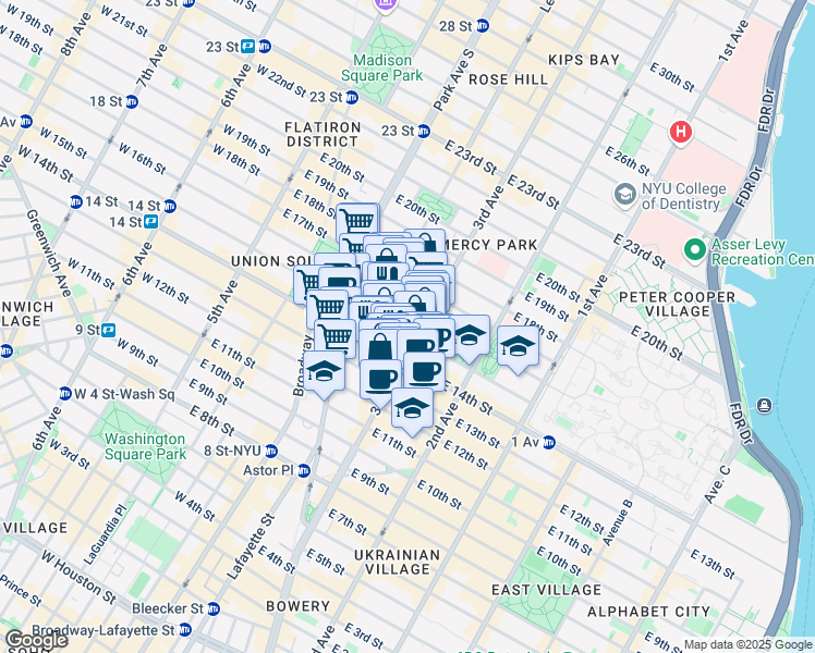 map of restaurants, bars, coffee shops, grocery stores, and more near 172 East 14th Street in New York