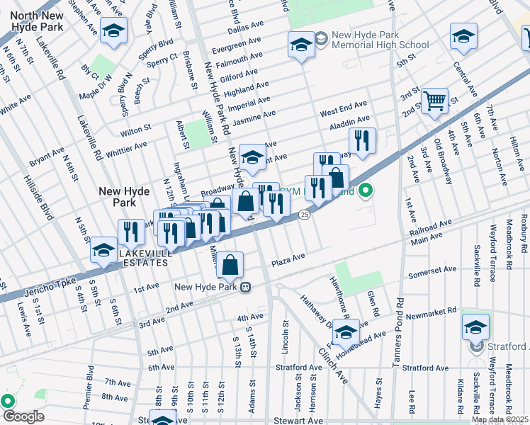 map of restaurants, bars, coffee shops, grocery stores, and more near 1523 Jericho Turnpike in New Hyde Park