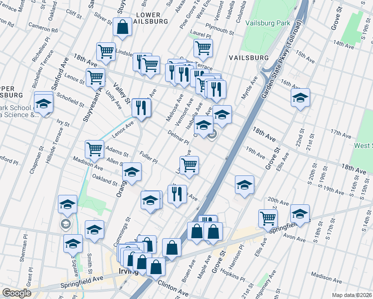 map of restaurants, bars, coffee shops, grocery stores, and more near 245 Linden Avenue in Irvington
